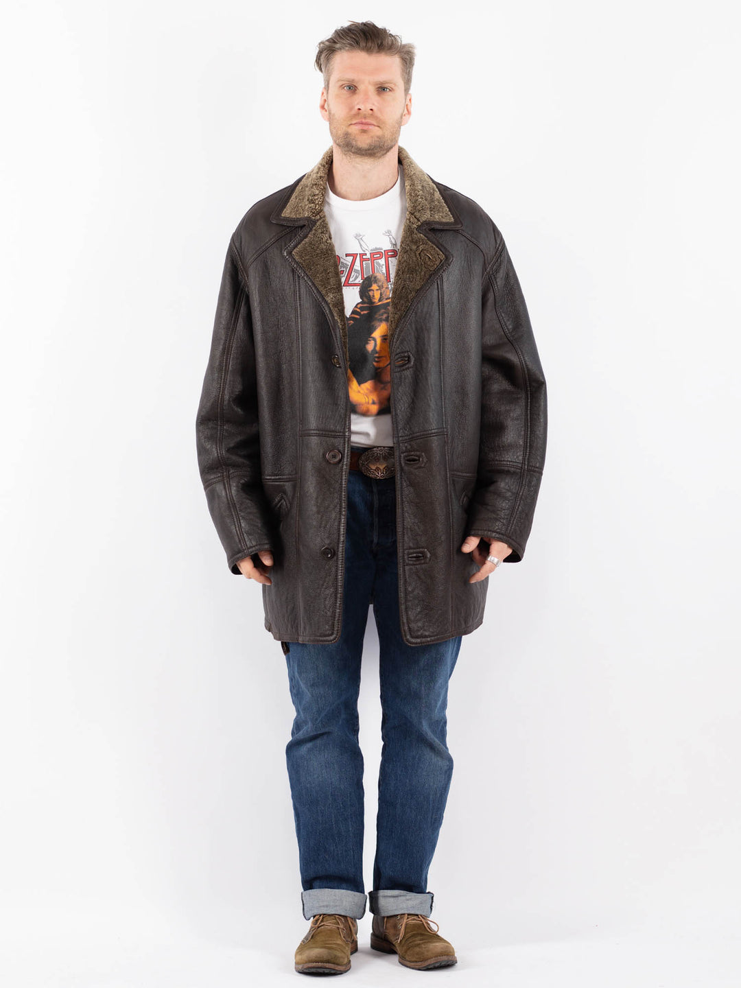 Vintage 90's Men Sheepskin Shearling Coat in BrownZ1556