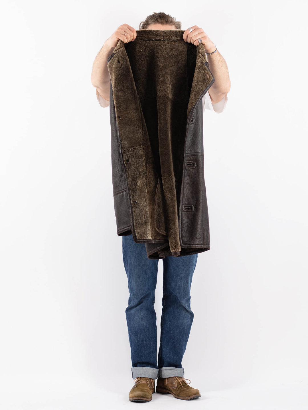 Vintage 90's Men Sheepskin Shearling Coat in BrownZ1556