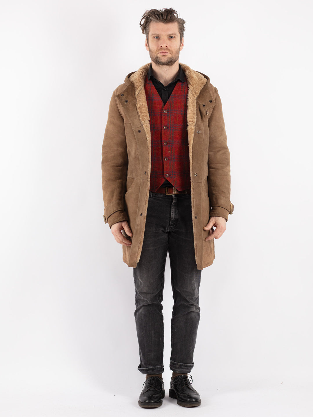 Vintage 90's Men Sheepskin Coat in Beige