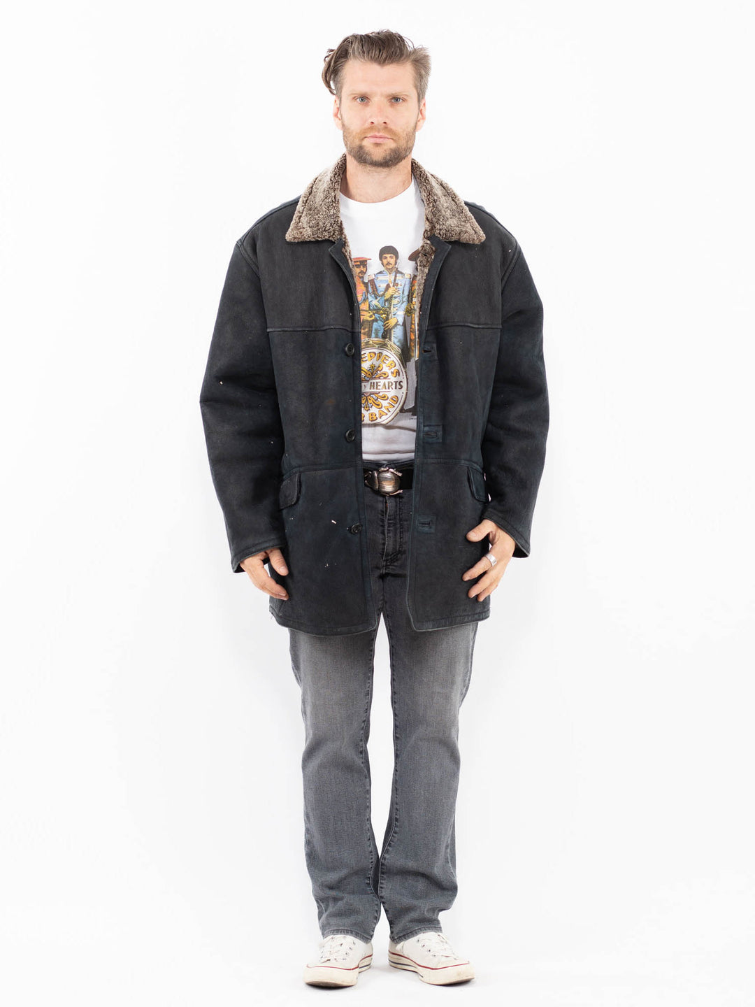 Vintage 90's Men Sheepskin Shearling Coat in BlackZ2011