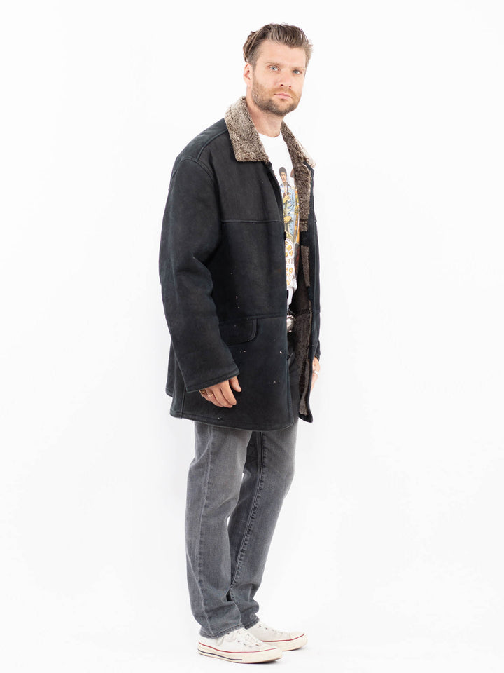 Vintage 90's Men Sheepskin Shearling Coat in BlackZ2011