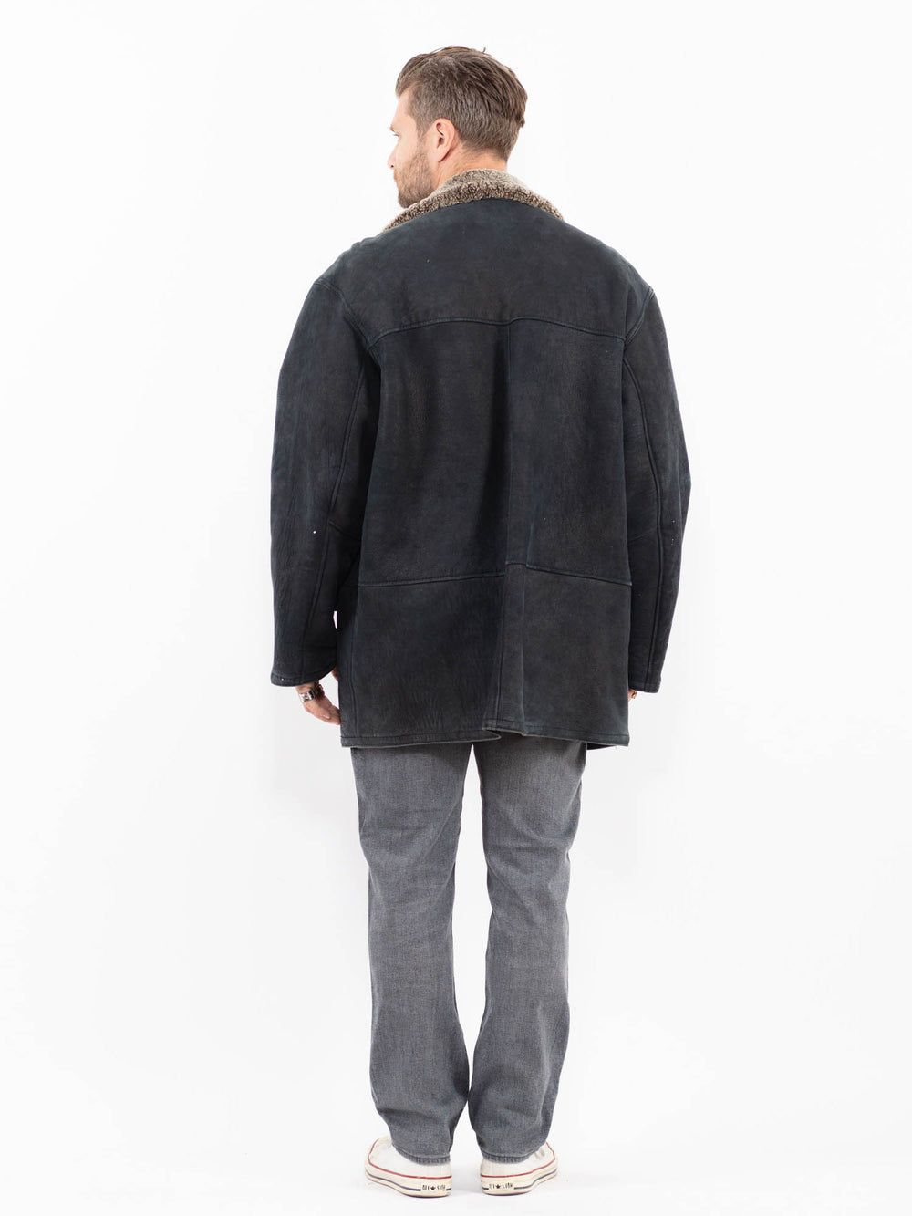 Vintage 90's Men Sheepskin Shearling Coat in BlackZ2011