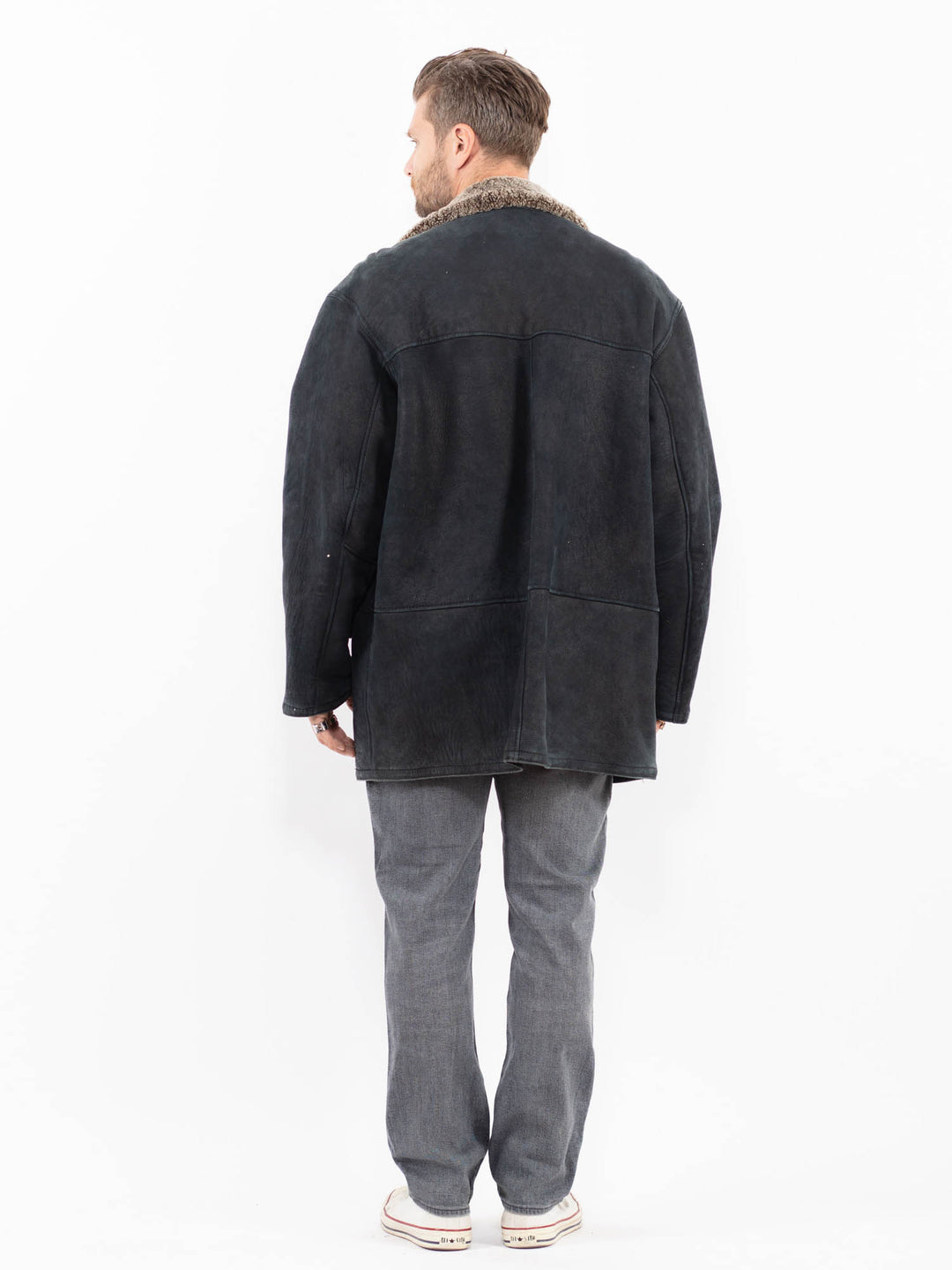 Vintage 90's Men Sheepskin Shearling Coat in BlackZ2011