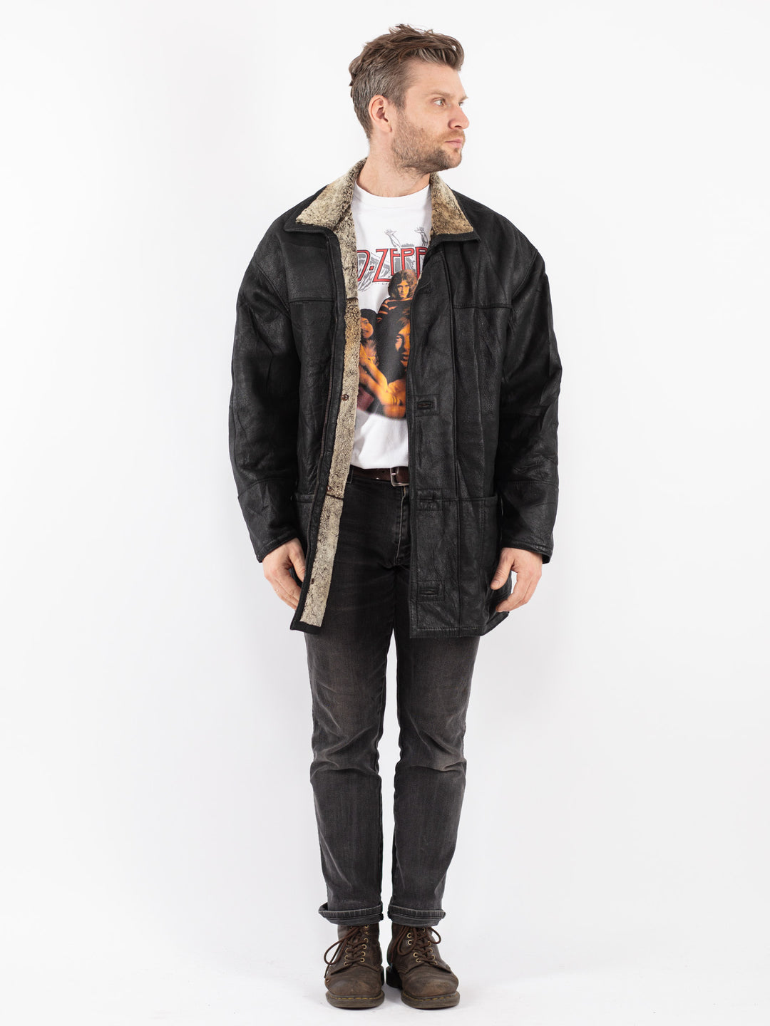 Vintage 90's Men Sheepskin Coat in Black