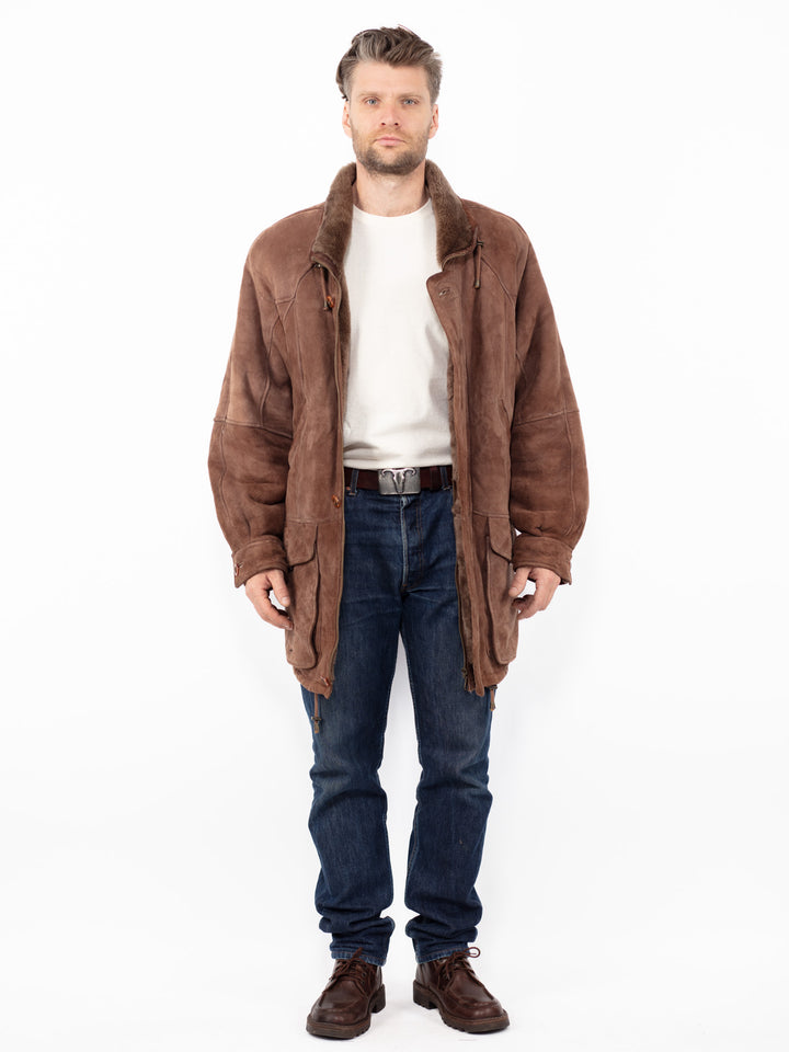 Vintage 90's Men Oversized Sheepskin Coat in Brown