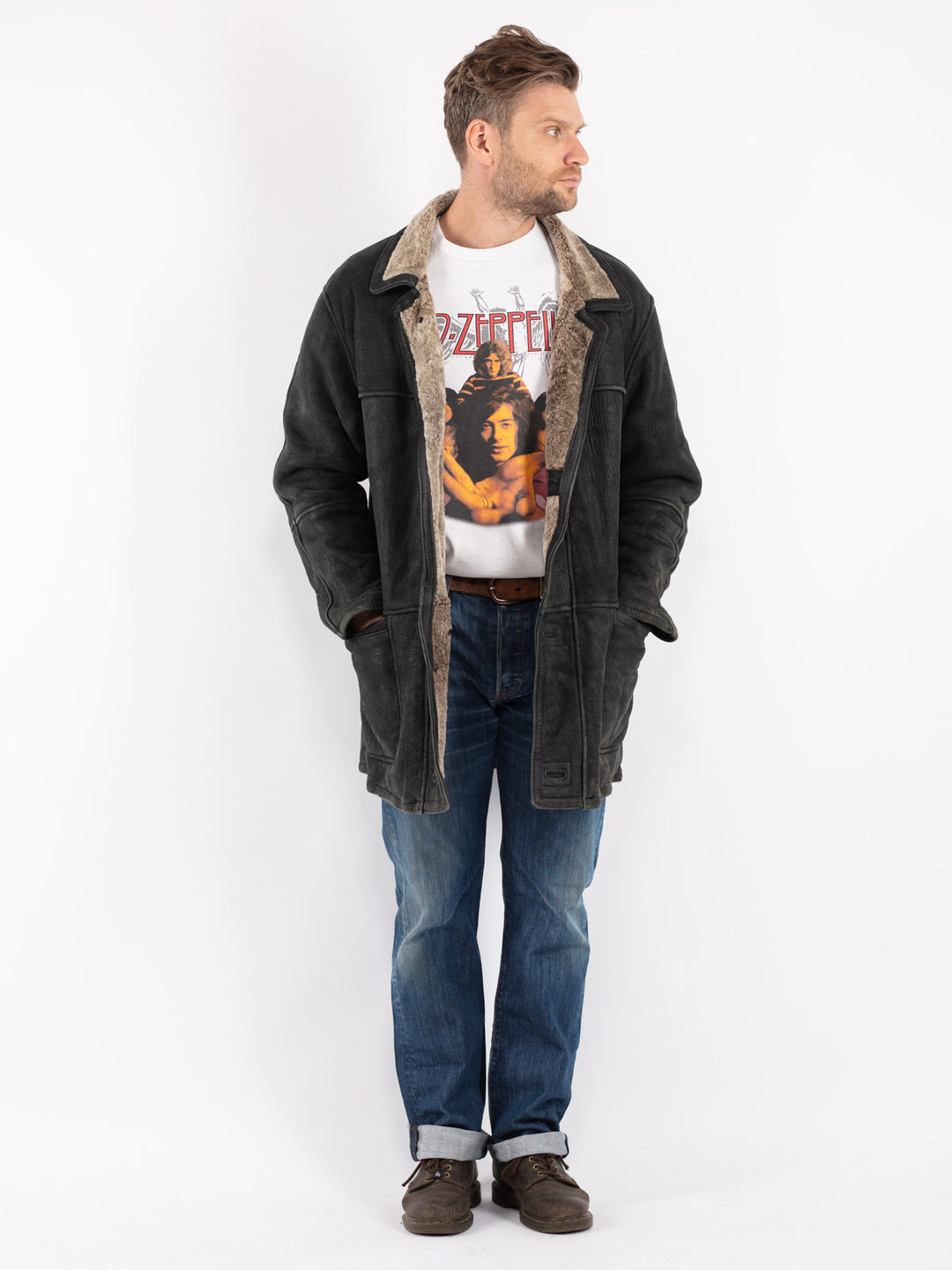 Vintage Men Sheepskin Coat in Black