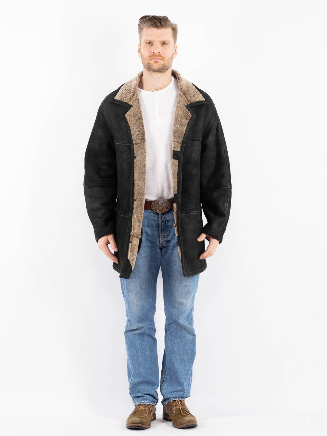 Vintage 90's Men Sheepskin Coat in BlackZ1456