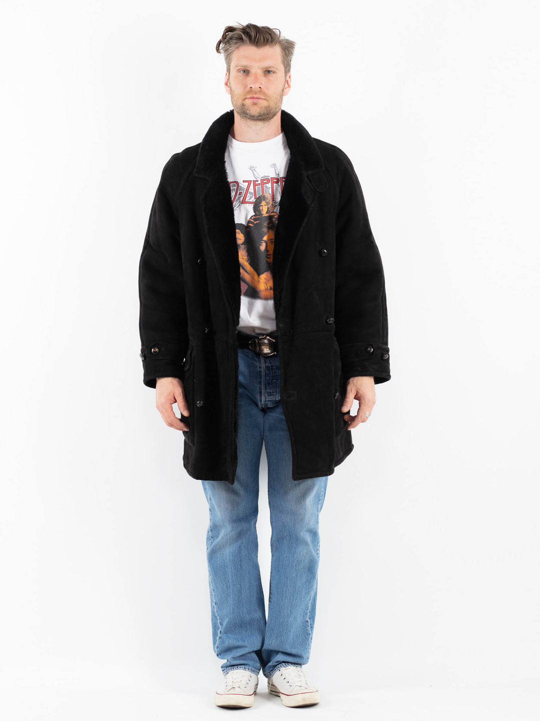 Vintage 80's Men Sheepskin Coat in BlackZ1799