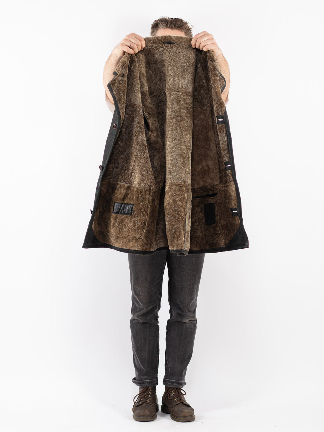 Vintage 90's Men Sheepskin Coat in Black