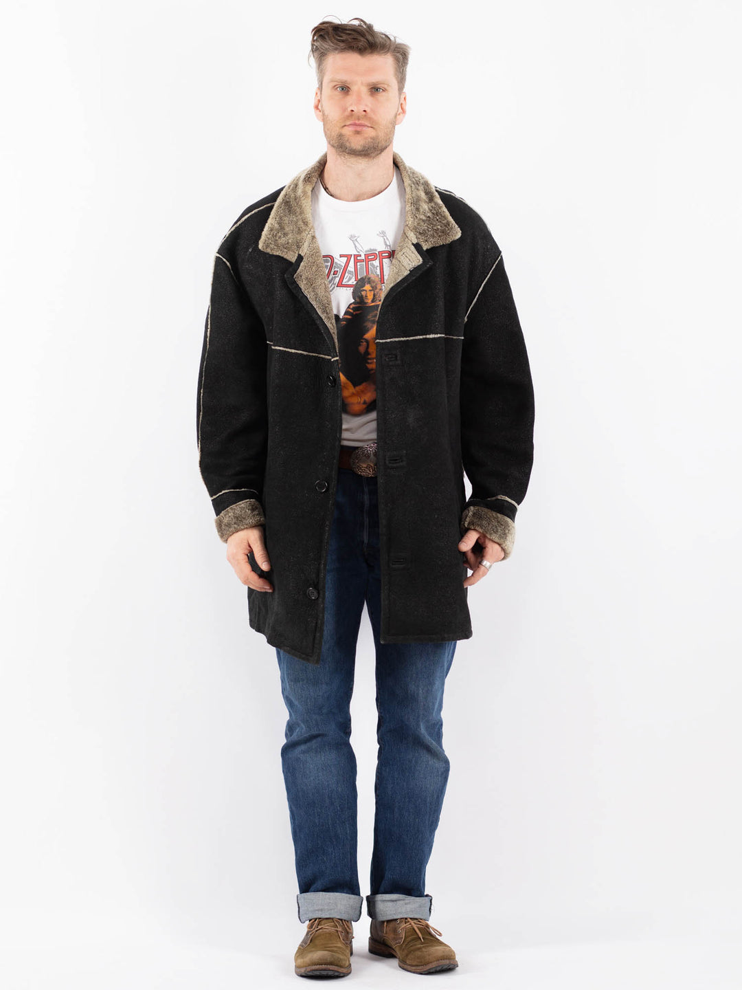 Vintage 90's Men Sheepskin Coat in BlackZ1566