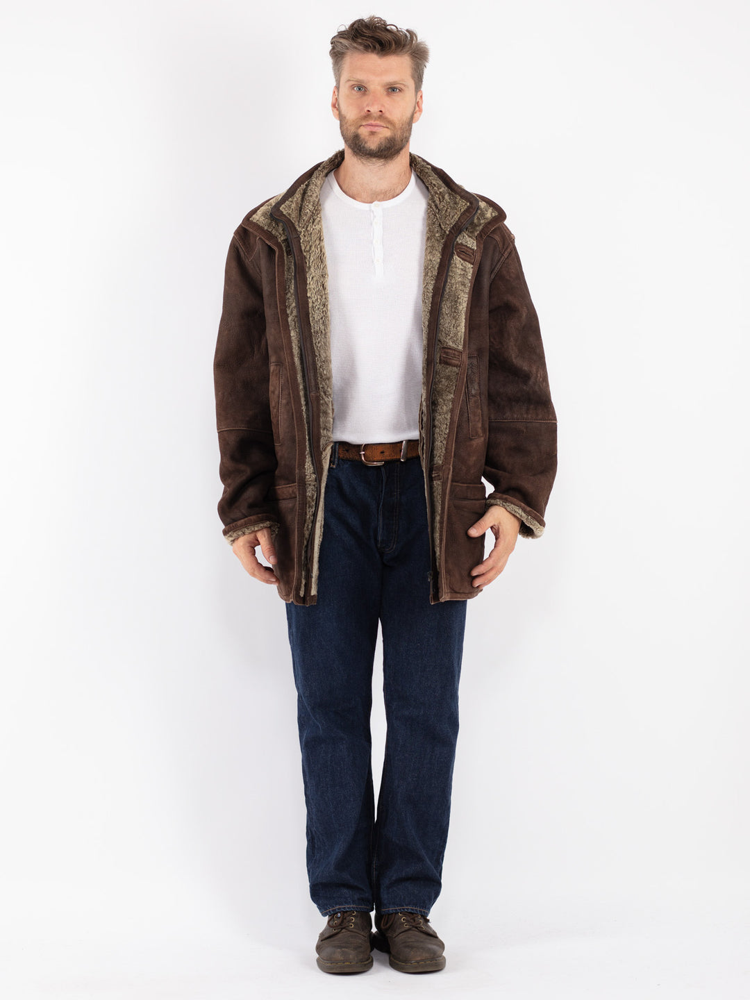 Vintage Men Sheepskin Coat in Brown