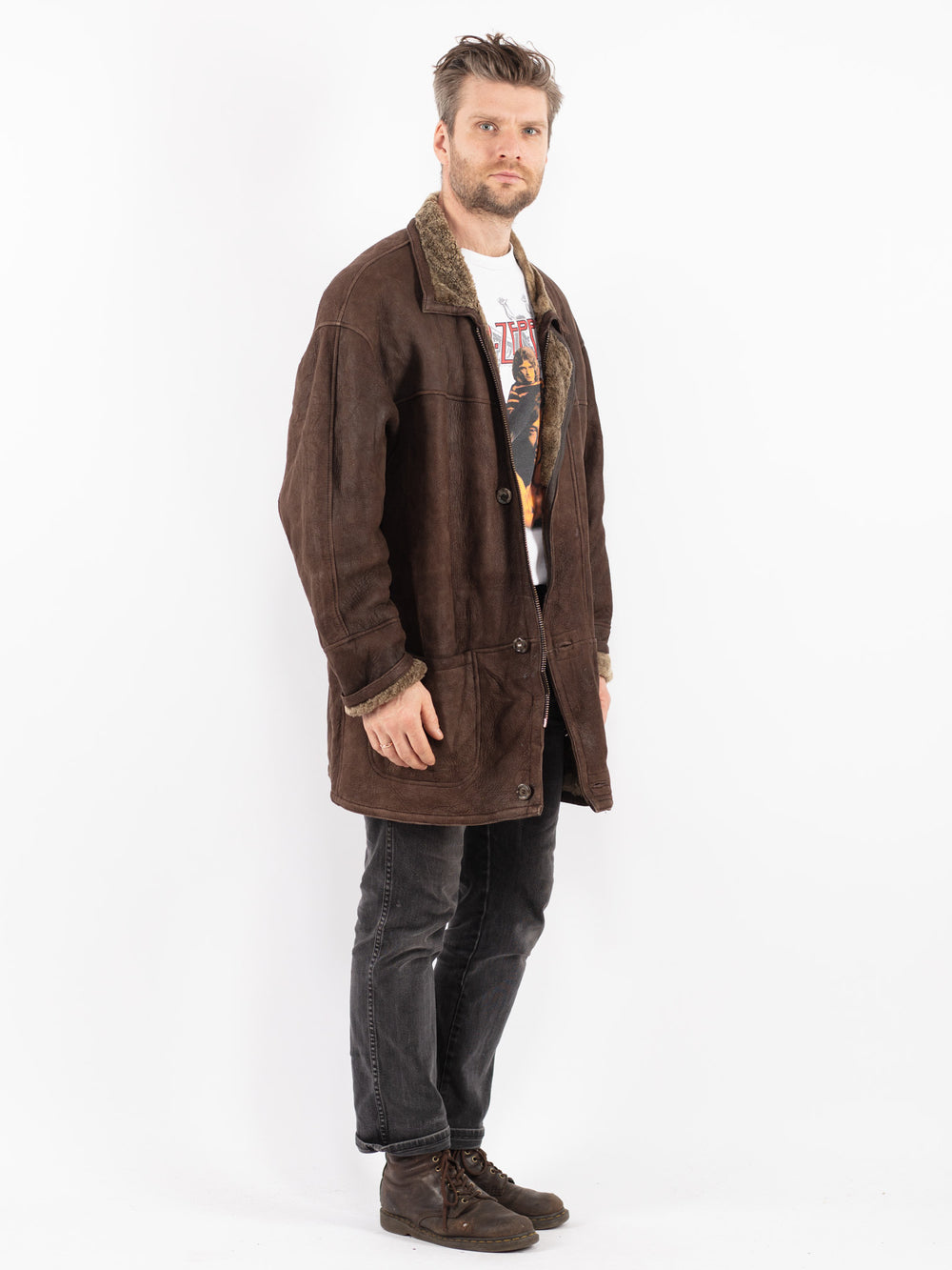 Vintage 90's Men Sheepskin Coat in Brown