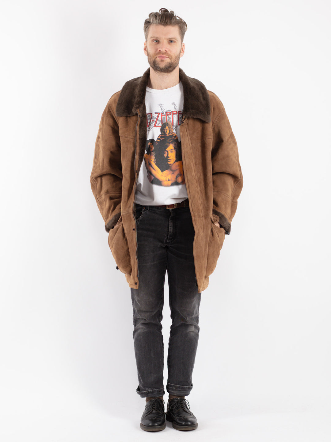 Vintage 90's Men Sheepskin Coat in Beige