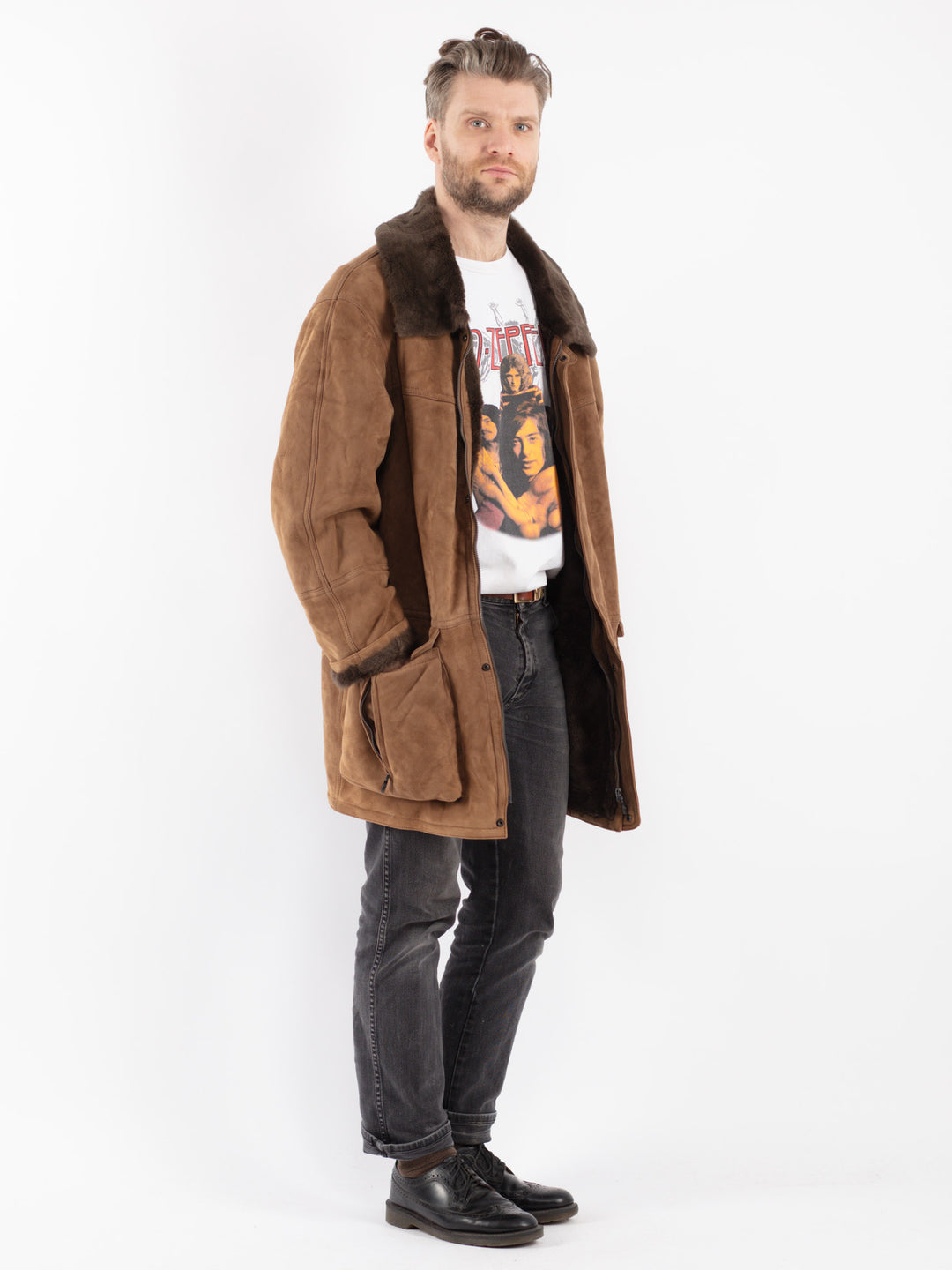 Vintage 90's Men Sheepskin Coat in Beige