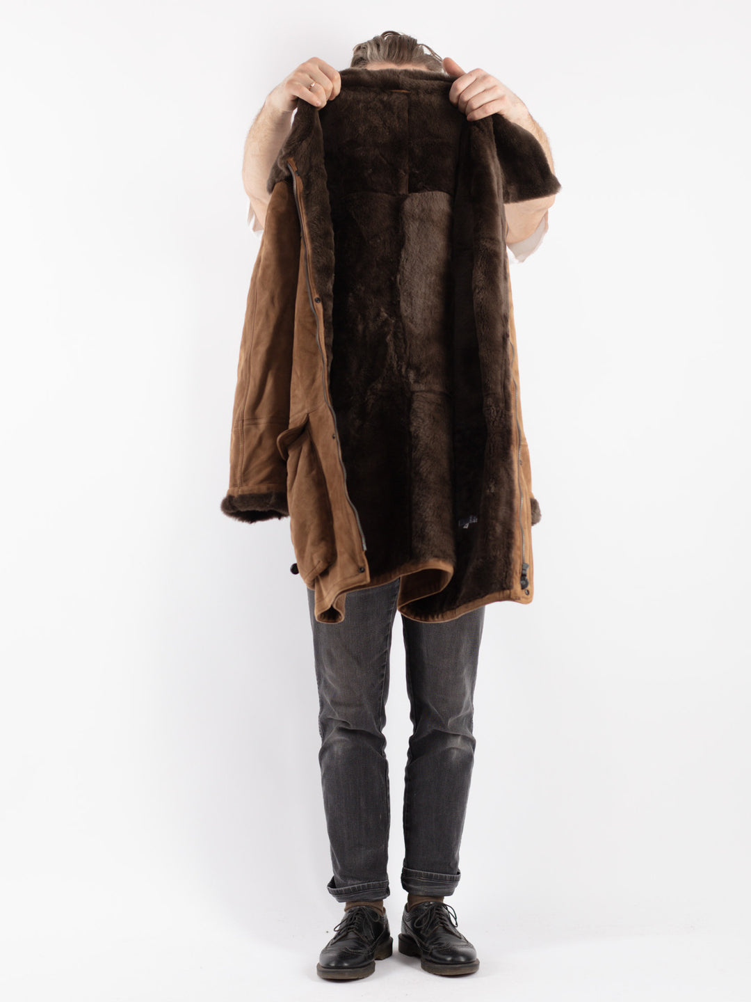 Vintage 90's Men Sheepskin Coat in Beige