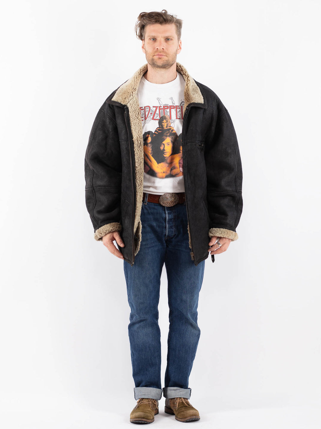 Vintage 90's Men Sheepskin Shearling Coat in BlackZ1569