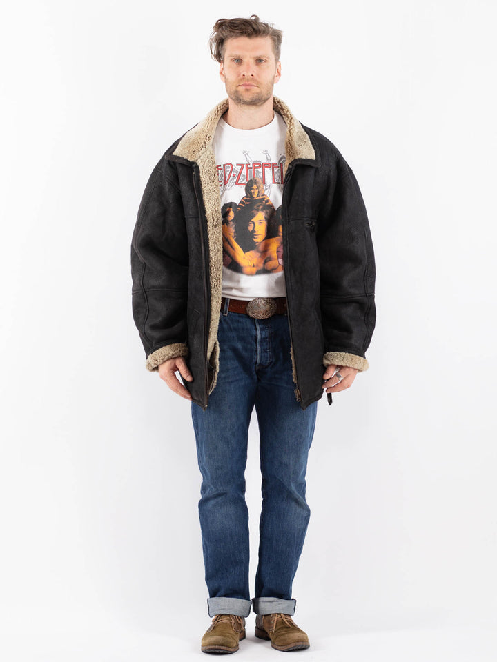 Vintage 90's Men Sheepskin Shearling Coat in BlackZ1569