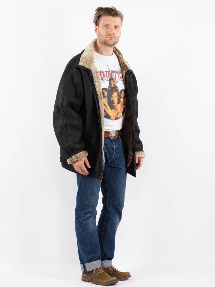 Vintage 90's Men Sheepskin Shearling Coat in BlackZ1569