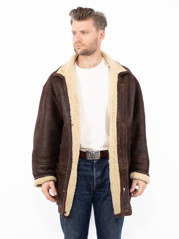 Vintage 90's Men Sheepskin Shearling Coat in Brown