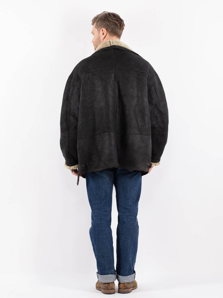 Vintage 90's Men Sheepskin Shearling Coat in BlackZ1569