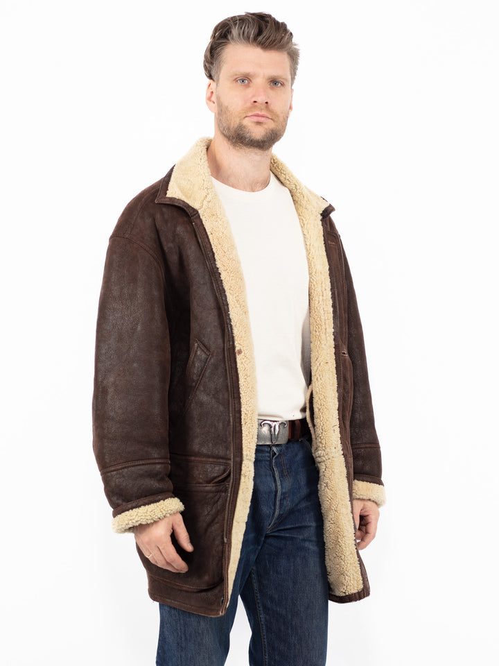 Vintage 90's Men Sheepskin Shearling Coat in Brown