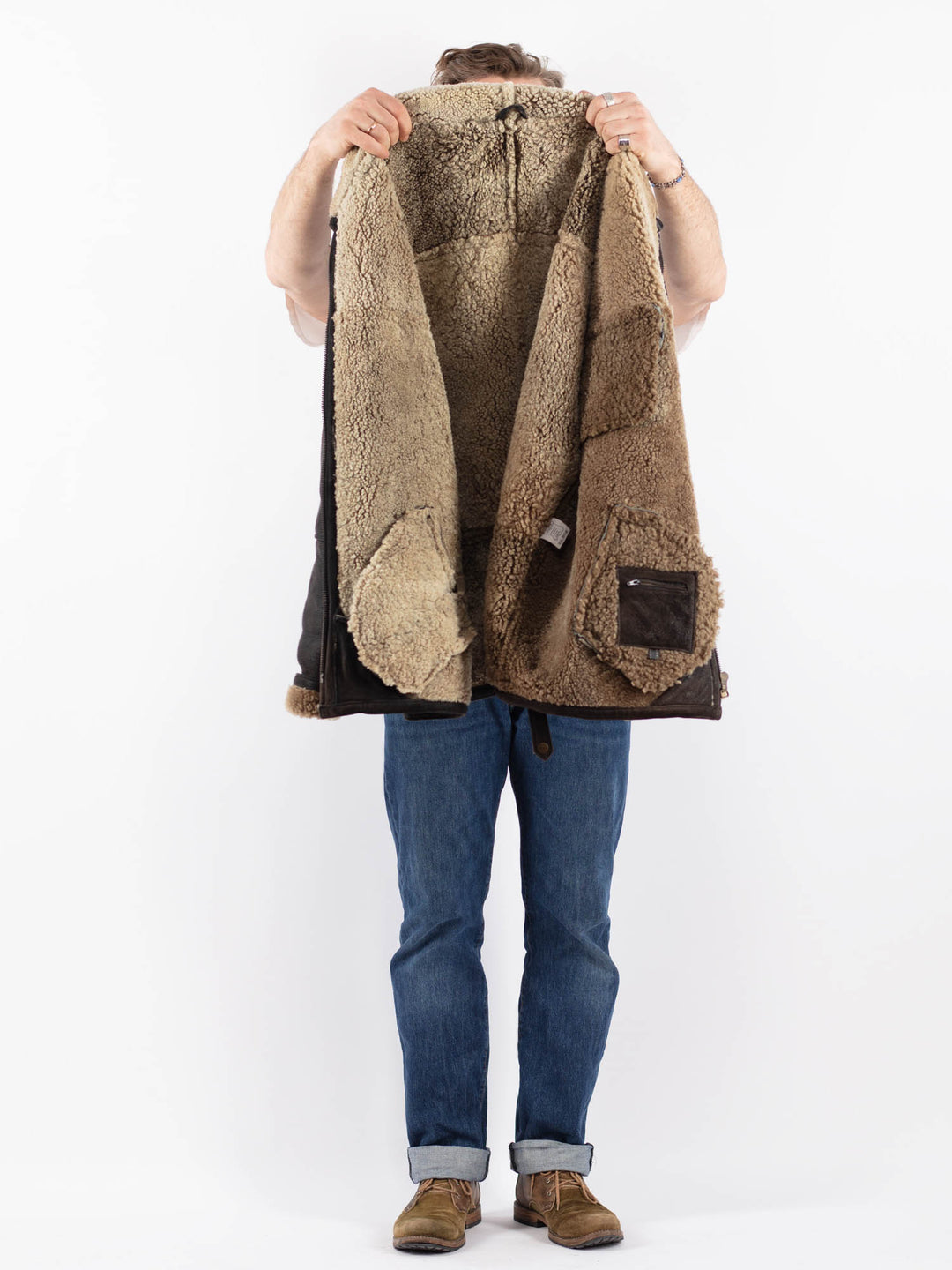 Vintage 90's Men Sheepskin Shearling Coat in BlackZ1569