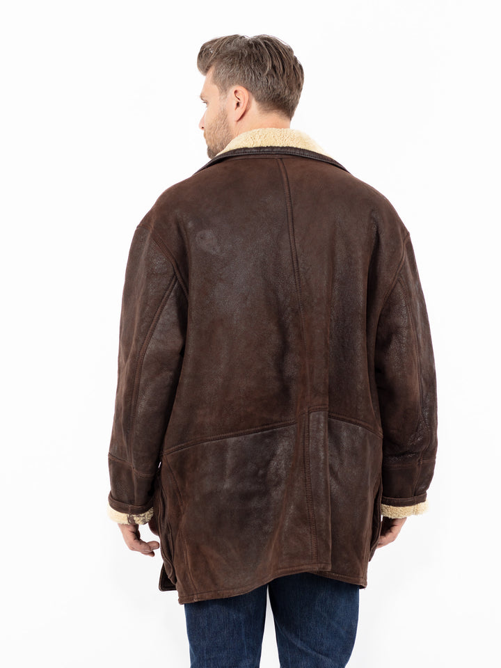 Vintage 90's Men Sheepskin Shearling Coat in Brown