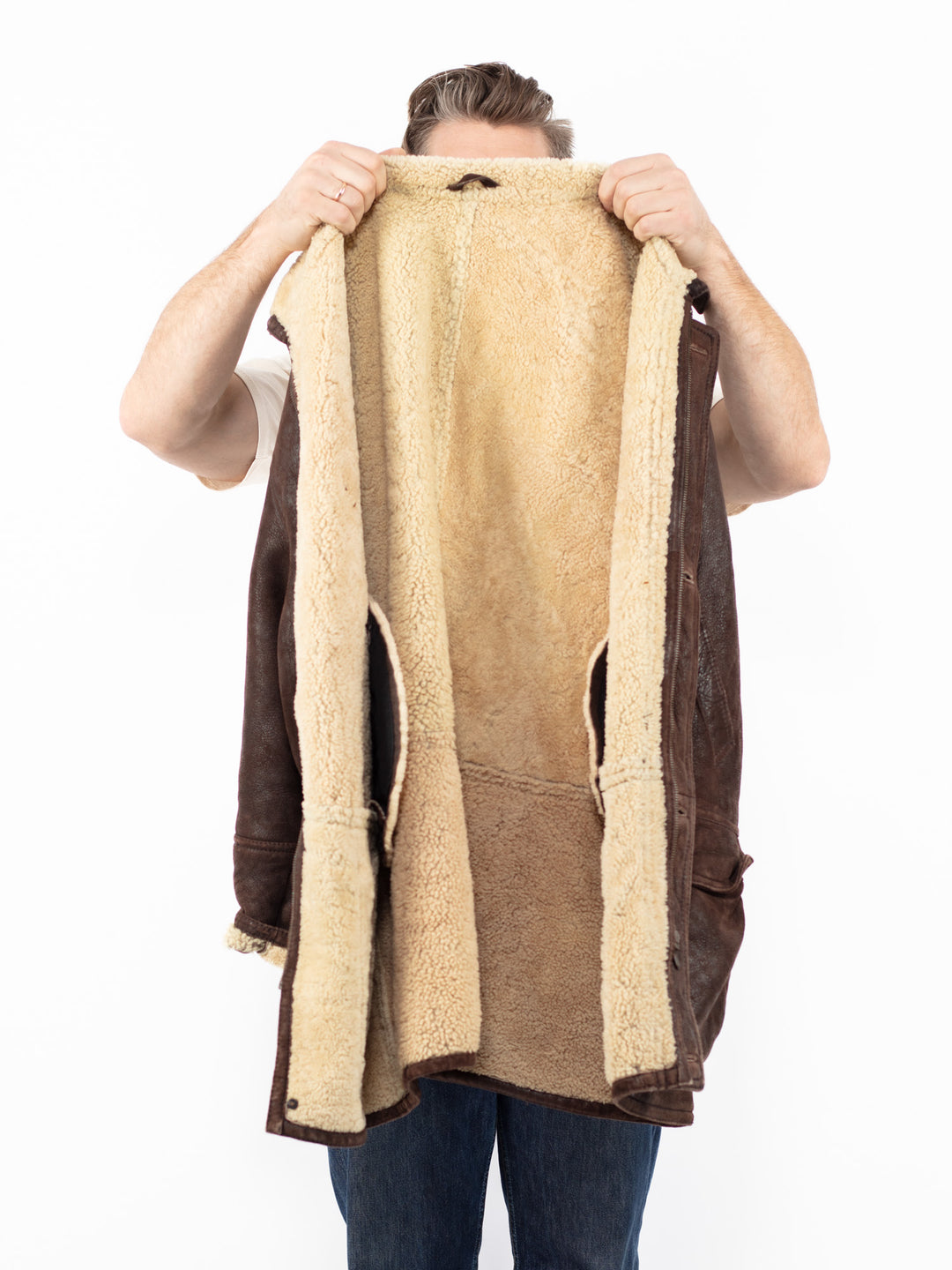 Vintage 90's Men Sheepskin Shearling Coat in Brown