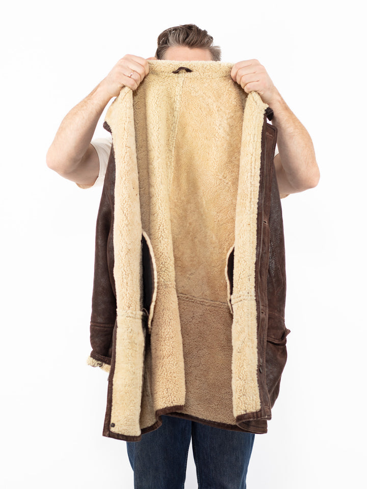 Vintage 90's Men Sheepskin Shearling Coat in Brown