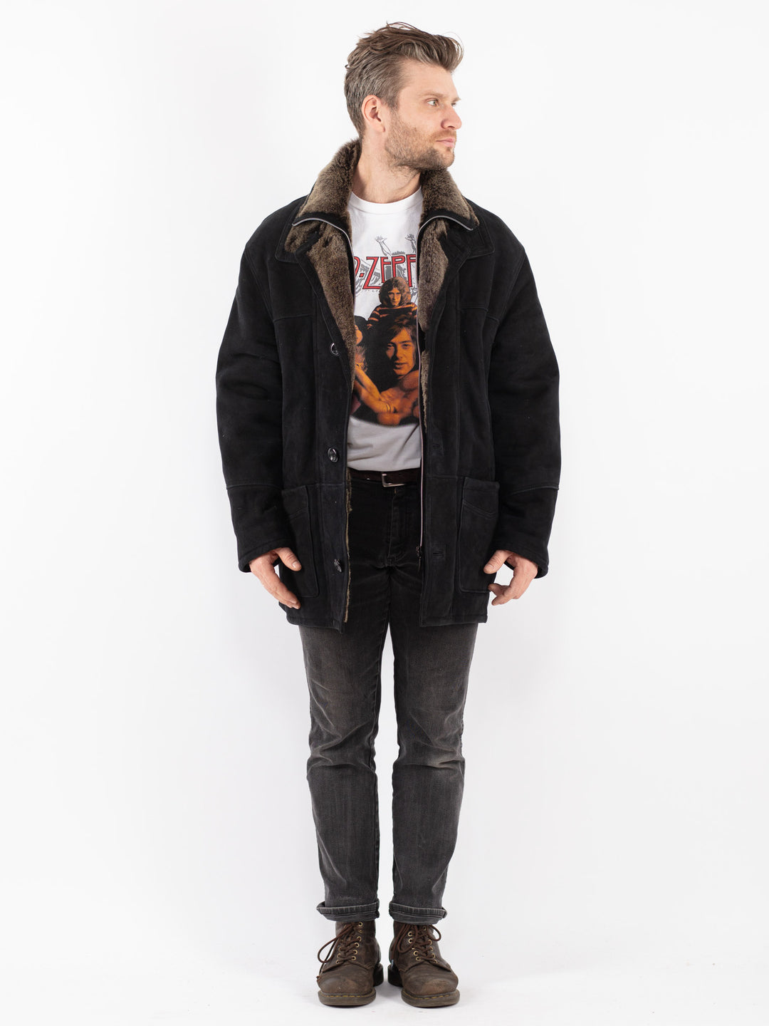 Vintage 90's Men Sheepskin Coat in Black