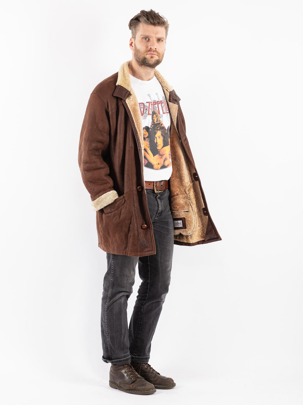 Vintage 90's Men Sheepskin Coat in Brown