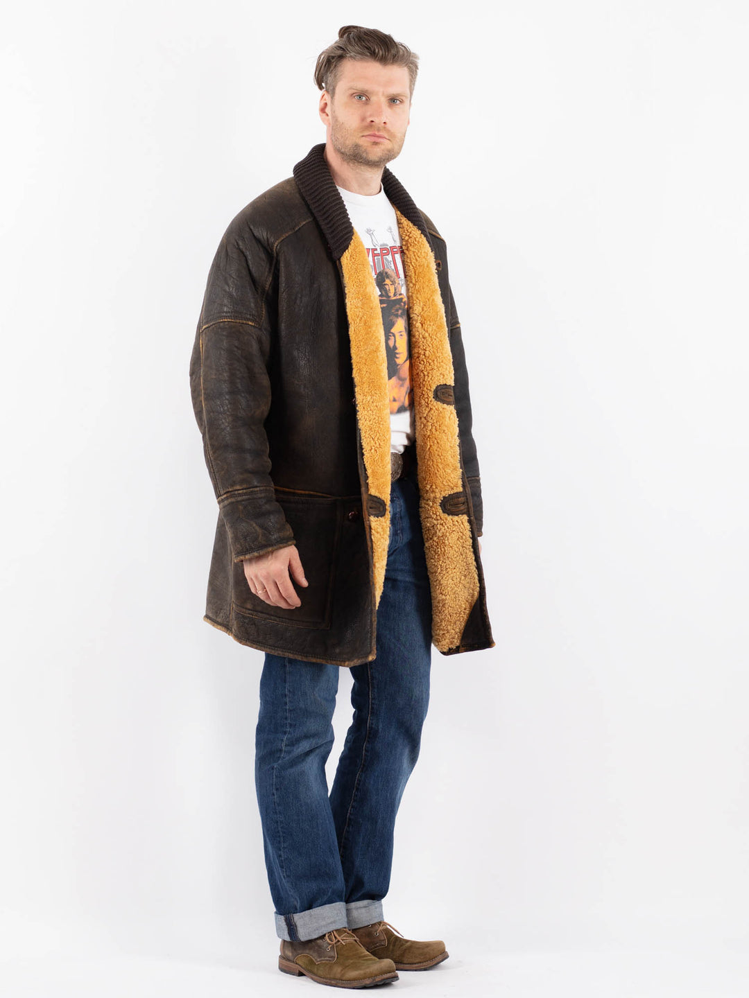 Vintage 70's Men Sheepskin Shearling Coat in Z1571