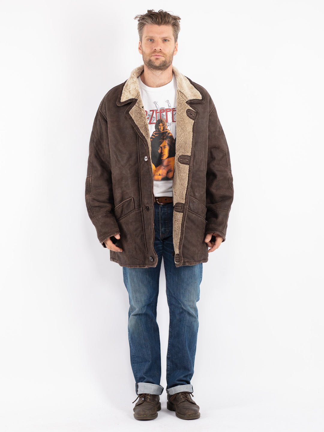 Vintage 90's Men Sheepskin Coat in Brown