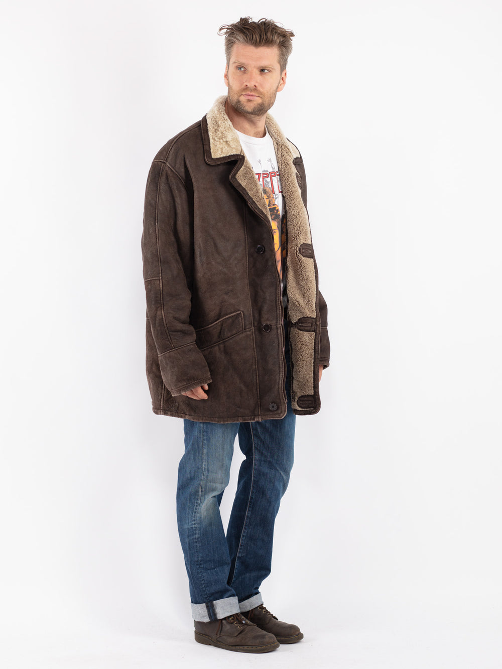 Vintage 90's Men Sheepskin Coat in Brown