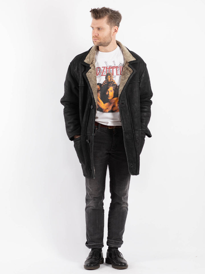 Vintage 90's Men Sheepskin Coat in Black