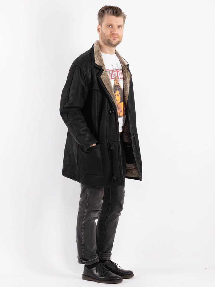 Vintage 90's Men Sheepskin Coat in Black