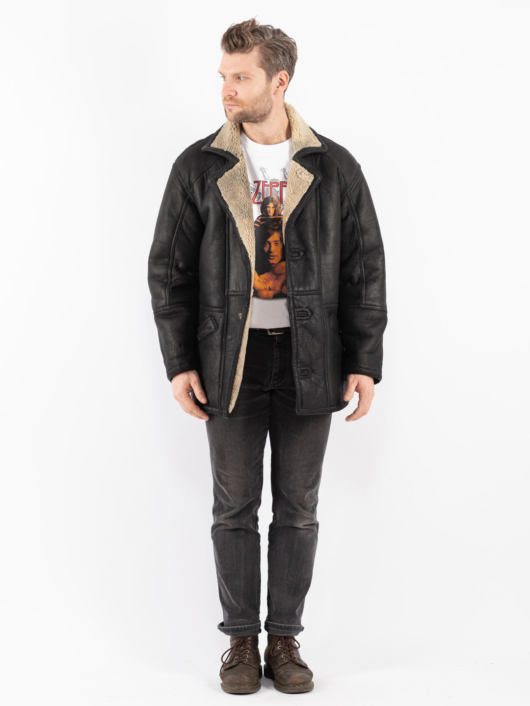 Vintage 90's Men Sheepskin Coat in Black