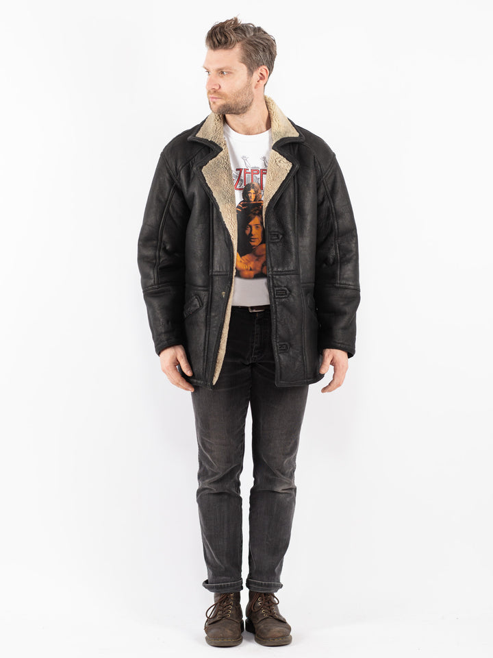 Vintage 90's Men Sheepskin Coat in Black