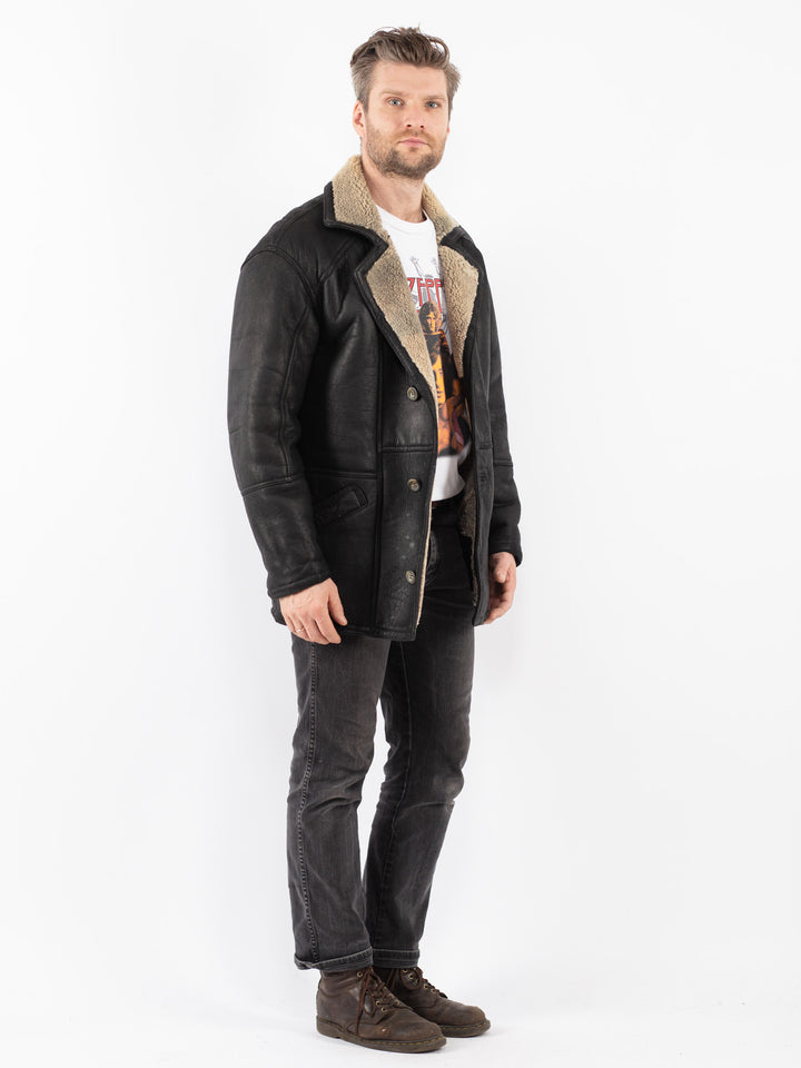 Vintage 90's Men Sheepskin Coat in Black