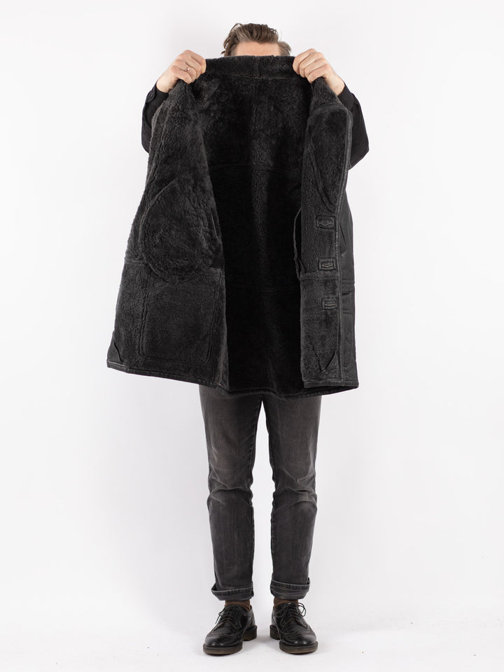 Vintage 90's Men Sheepskin Coat in Black