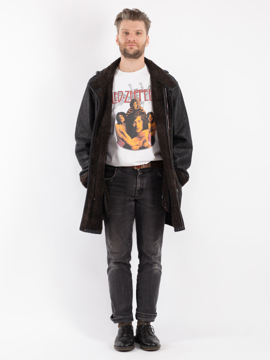 Vintage 00's Men Sheepskin Coat in Black