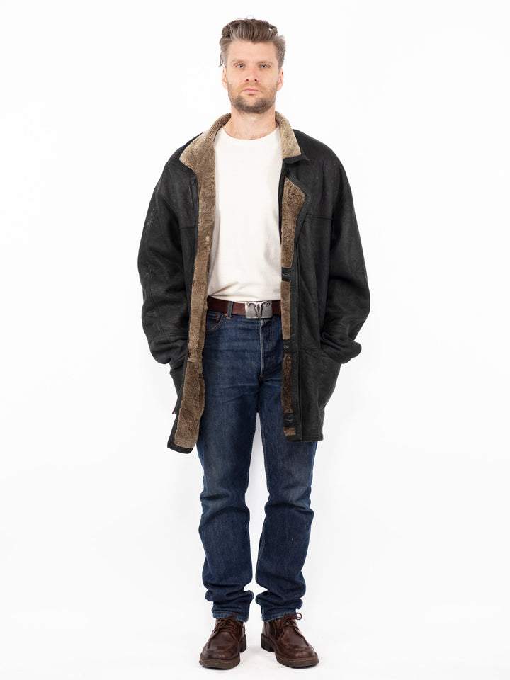 Vintage 90's Men Sheepskin Coat in Black