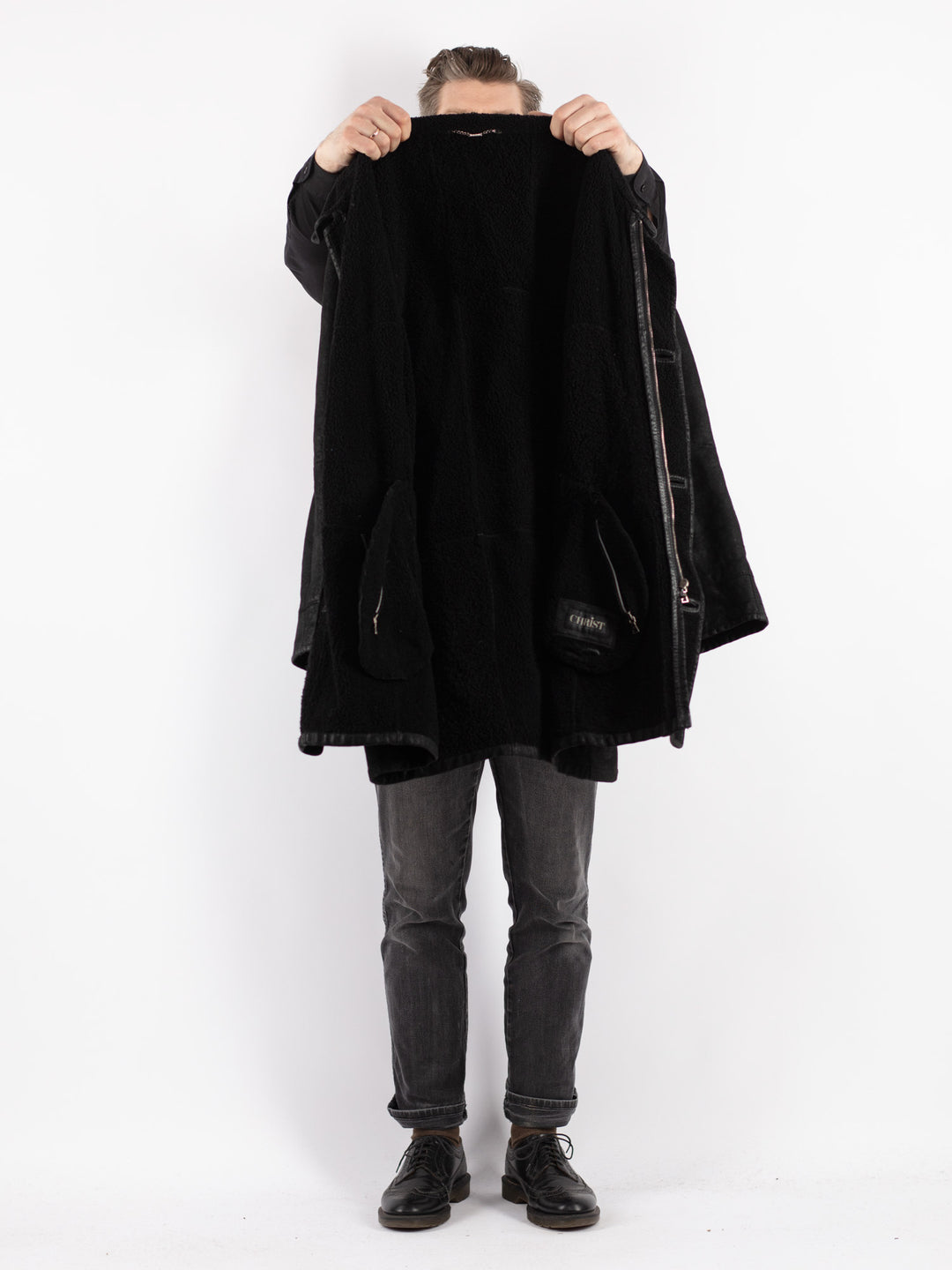 Vintage 90's Men Sheepskin Coat in Black