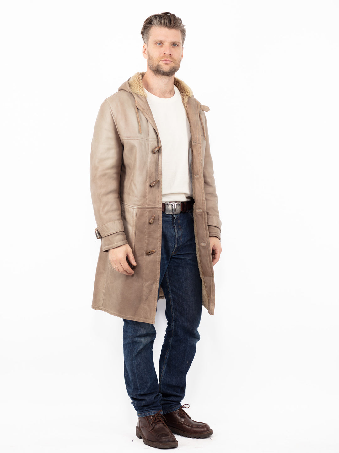 Vintage 90's Men Hooded Sheepskin Coat in Beige