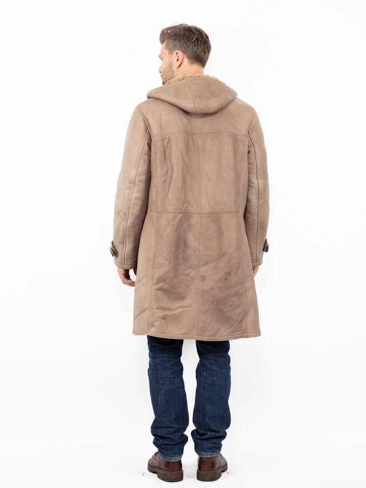 Vintage 90's Men Hooded Sheepskin Coat in Beige