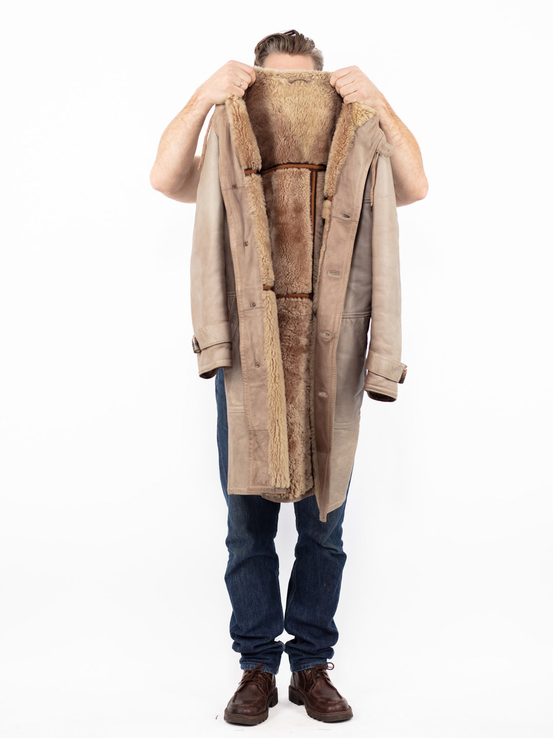 Vintage 90's Men Hooded Sheepskin Coat in Beige