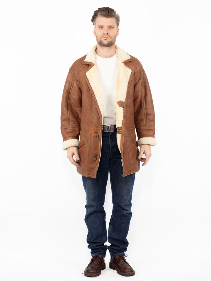 Vintage 90's Men Sheepskin Shearling Coat in Brown