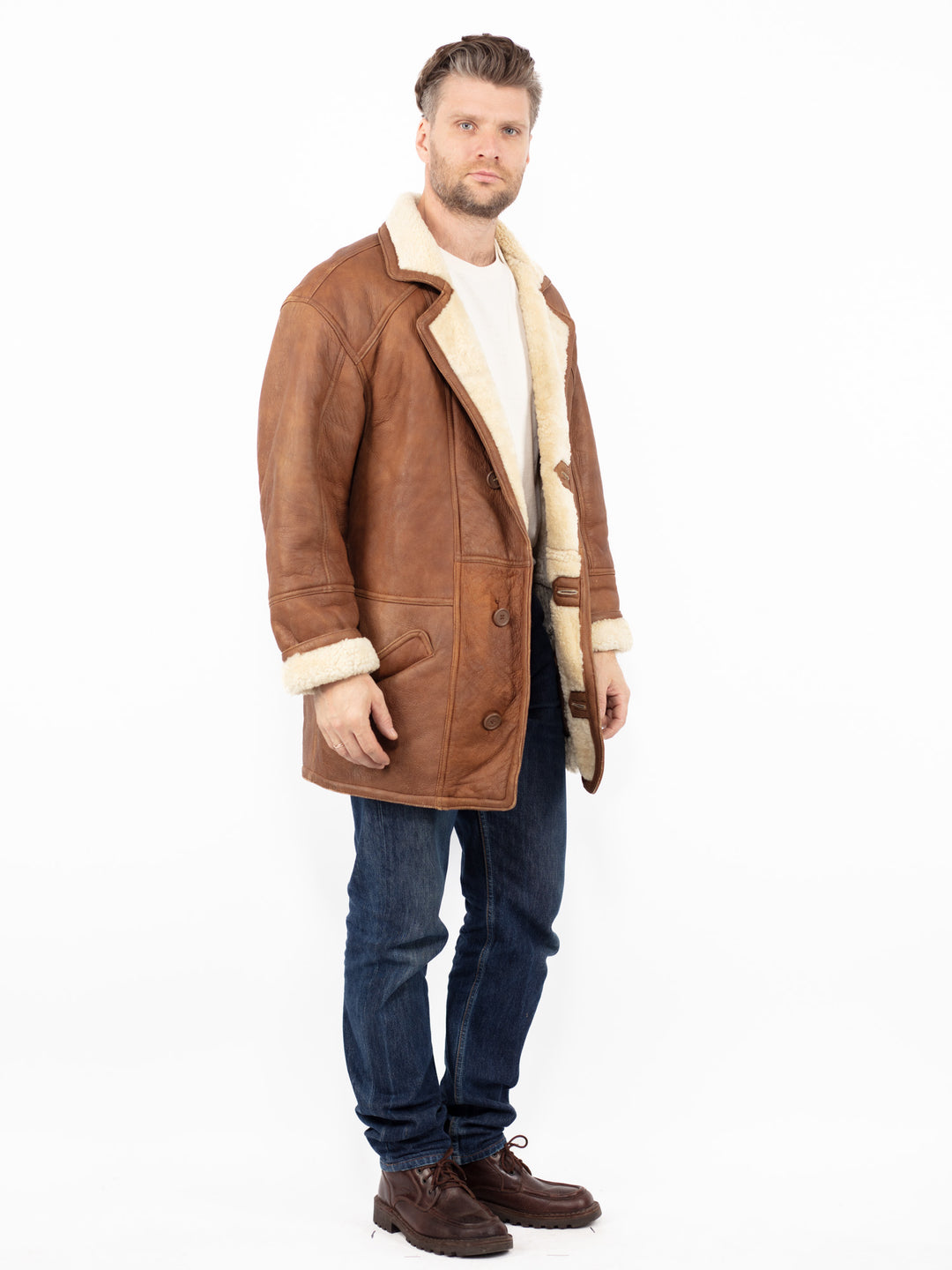 Vintage 90's Men Sheepskin Shearling Coat in Brown