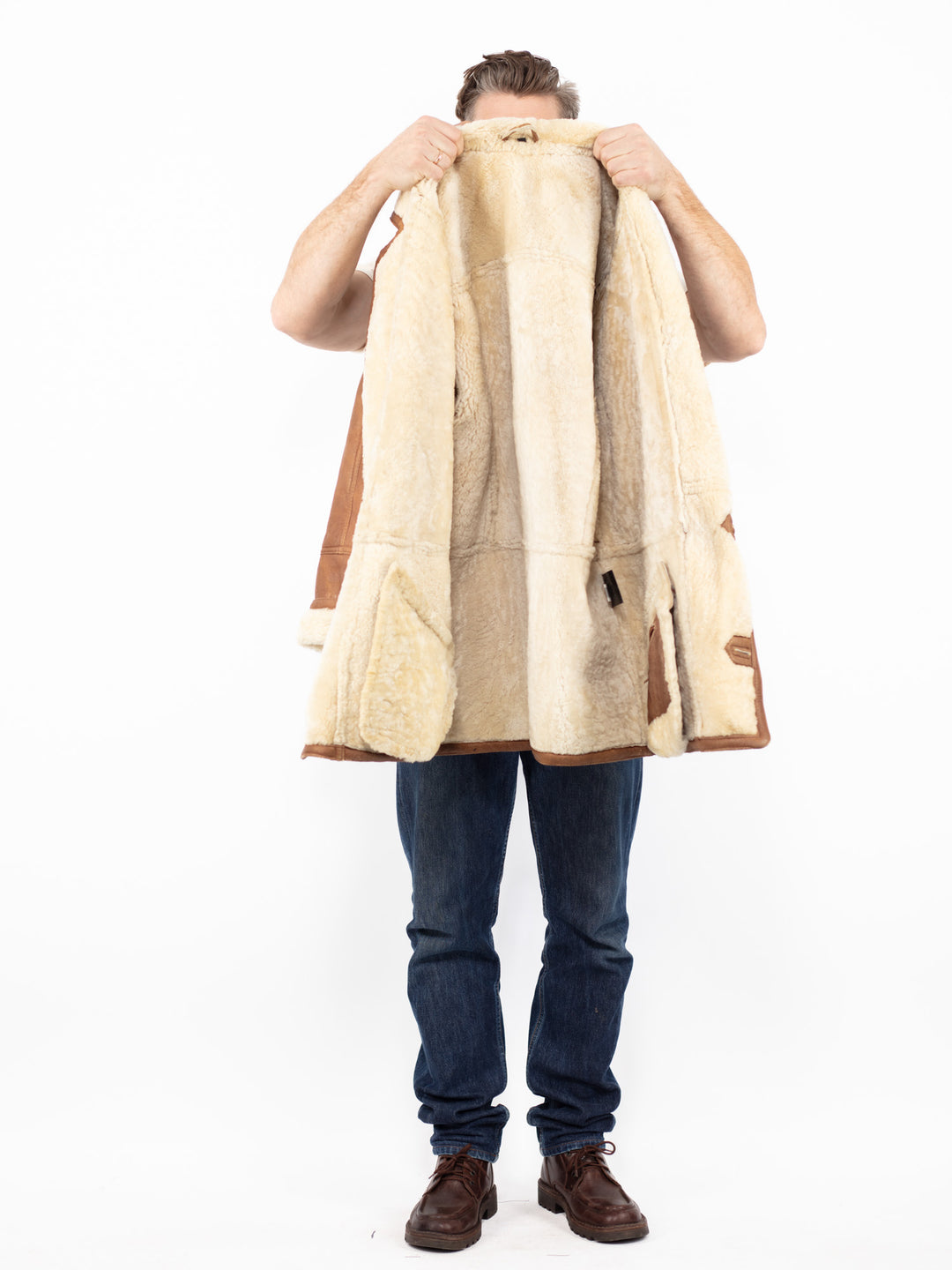 Vintage 90's Men Sheepskin Shearling Coat in Brown