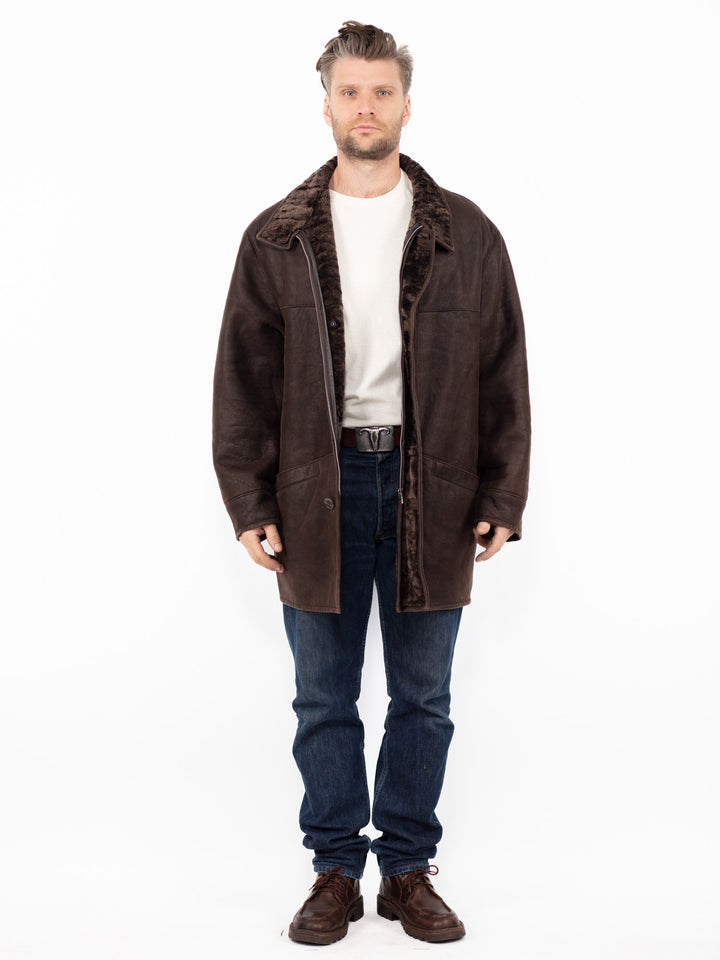 Vintage 90's Men Sheepskin Shearling Coat in Brown